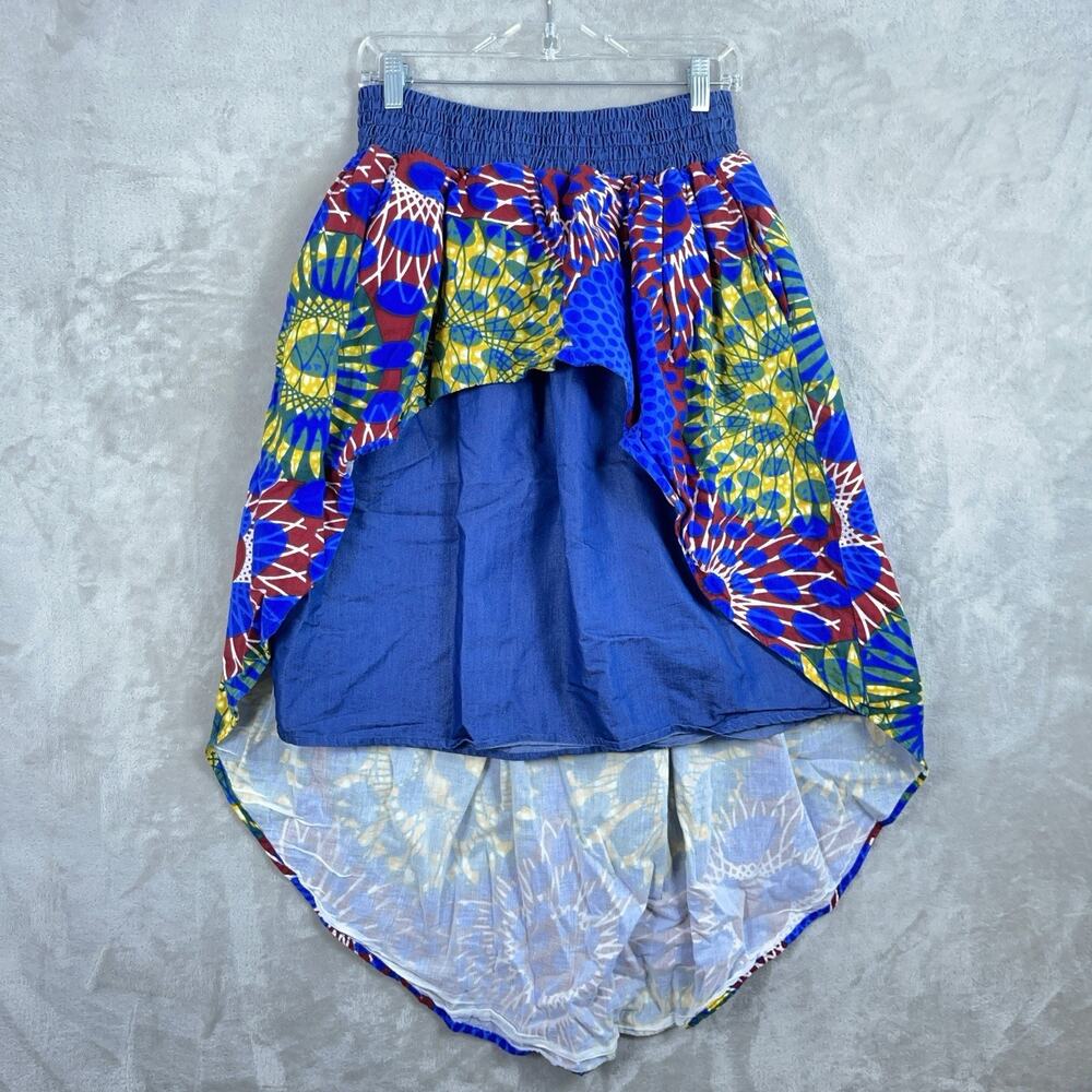 African Print High Low Skirt Ankara Botanical Smocked Waist Pockets Large - Picture 2 of 8